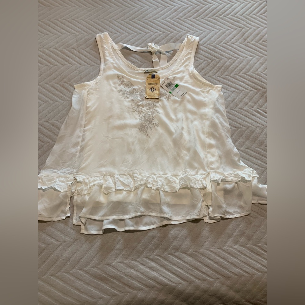 NWT Democracy Ivory Floral Embroidered Sleeveless Ruff Top Size L Casual Summer